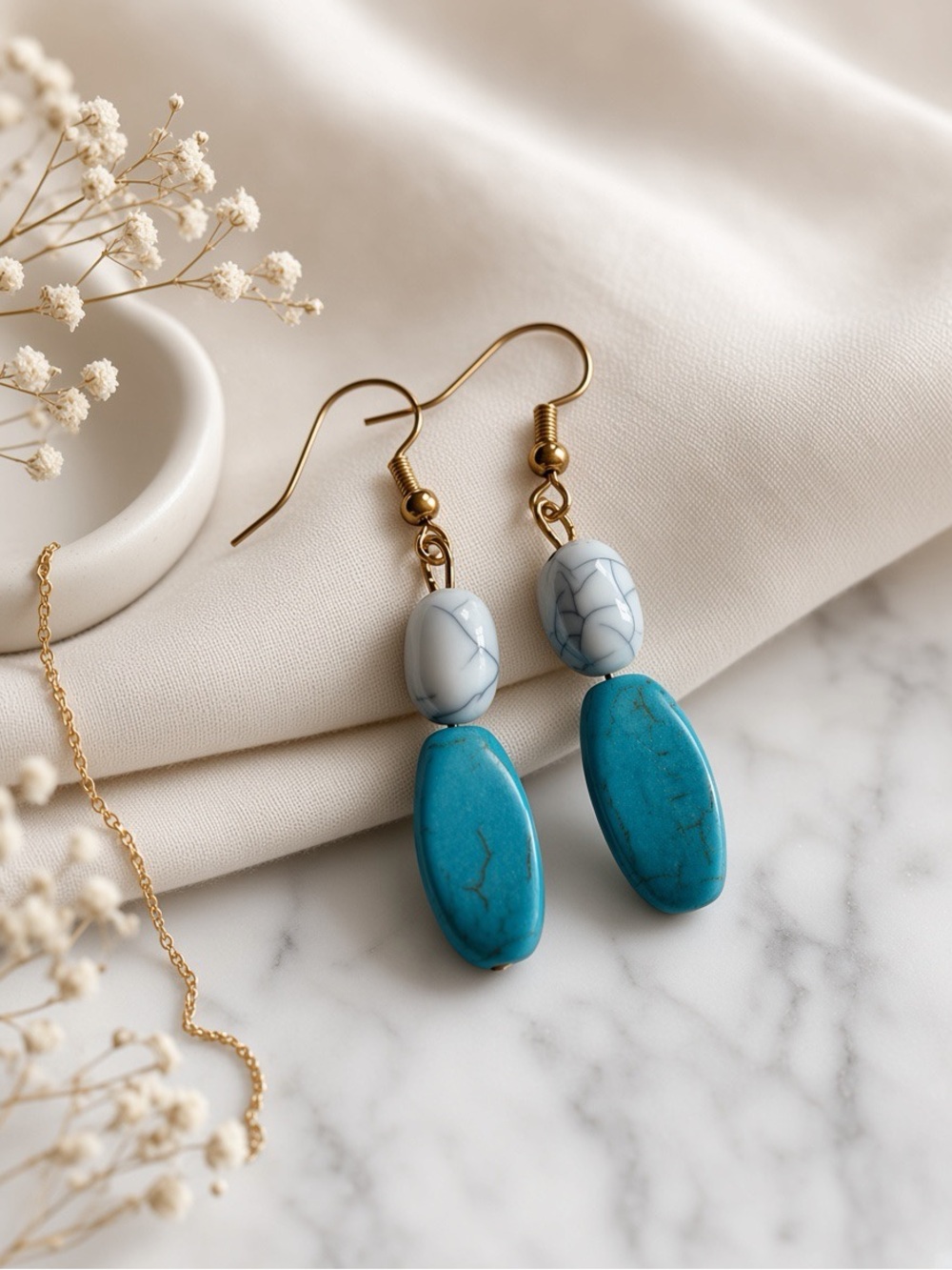Handmade Turquoise Howlite Gold Dangle Earrings